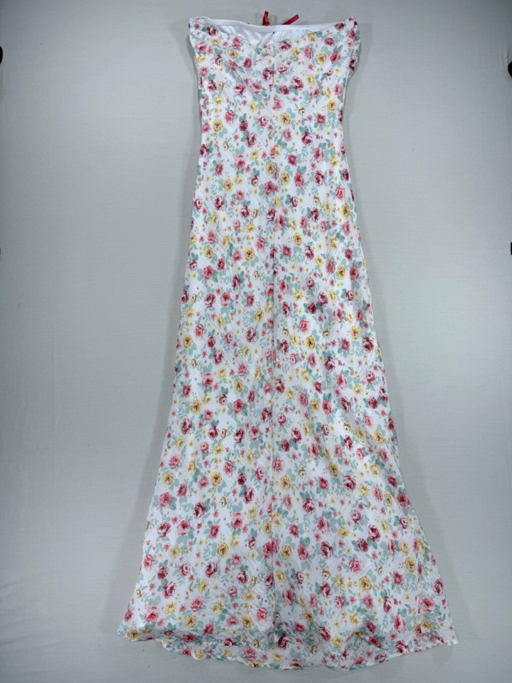 Jessica Simpson White Floral Strapless Silky Slip Maxi Dress Red Ribbon Bow S - Picture 3 of 5